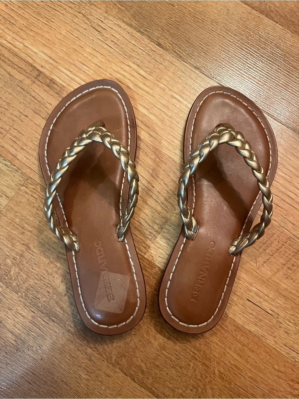 Bernardo Brown Leather Sandals with Braided Gold Straps
